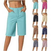 Chino Shorts for Women Summer Pull On Knee Length Bermuda Button High Waisted Comfy Stretchy Work Shorts with Pockets Black L Back to School Sales